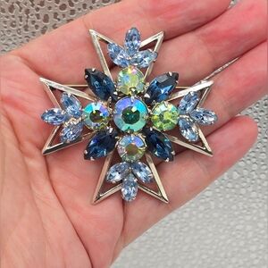 Vintage Juliana Aurora Borealis Blue Rhinestones Maltese Cross Brooch & Pendant